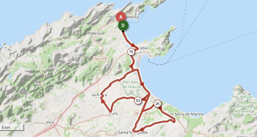 Mapa de la tercera etapa en la zona norte de Mallorca de la categoría 50-60 Masters